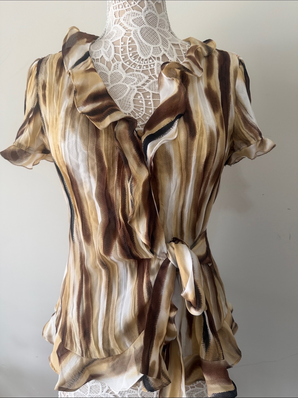 East 5th Brown and Cream Striped Ruffle Wrap Blouse
